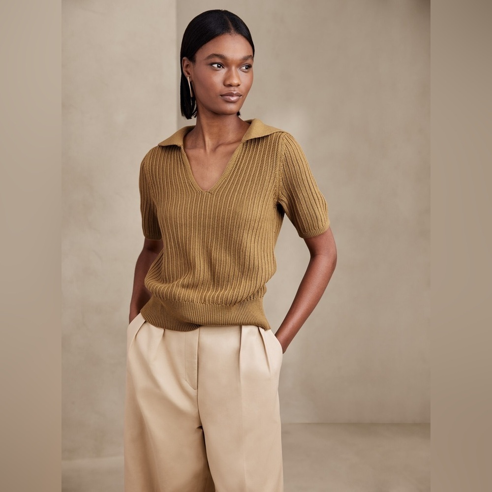 Ribbed Knit Collared Top - Tan